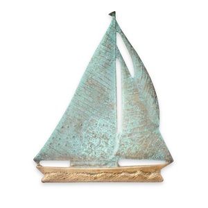Vintage Sailboat Brooch Brass with Blue Green Verdigris Patina Sailing Boat Pin